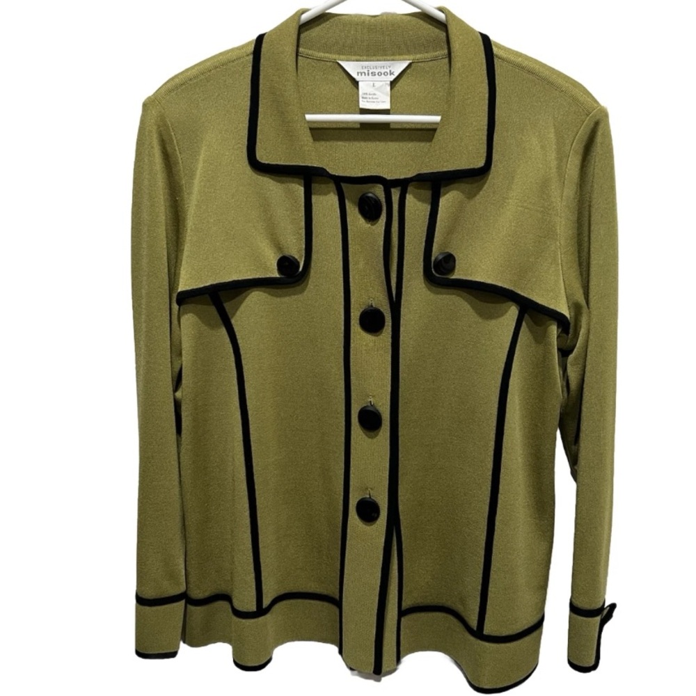 Exclusively Misook Button Up Knit Jacket Celery Green with Black Trim Large